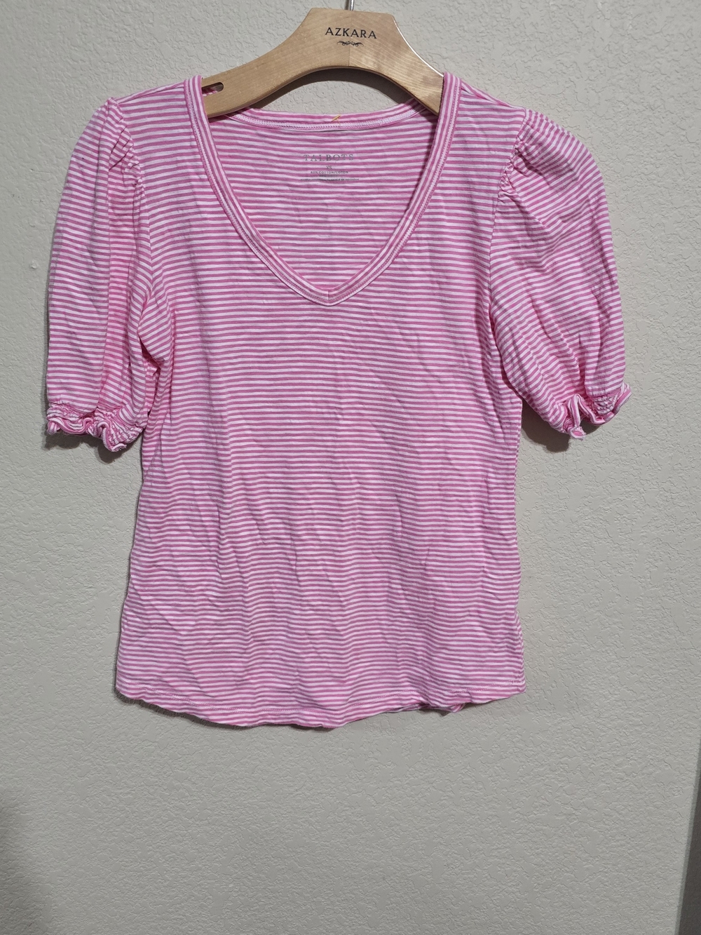 Talbots Pink & White Striped V-Neck Puff Sleeve Top